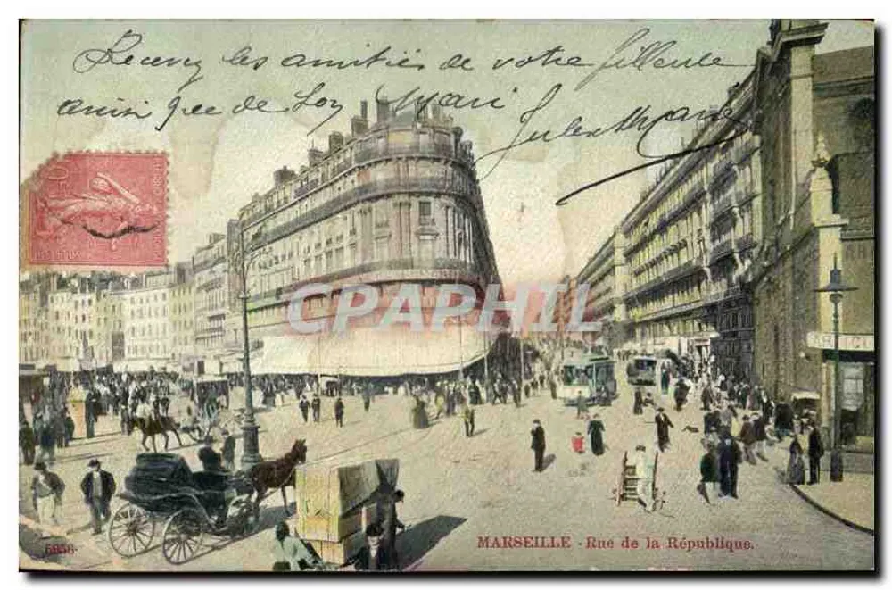 Marselha - Rue de la République — vista animada com carruagem e trem — editor desconhecido, n° 6850 - Frente