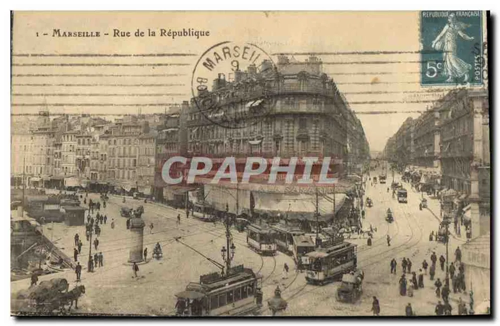 Marseille - Rue de la République — levendige uitzicht met trams — onbekende uitgever, serie nummer 1 - Voorkant