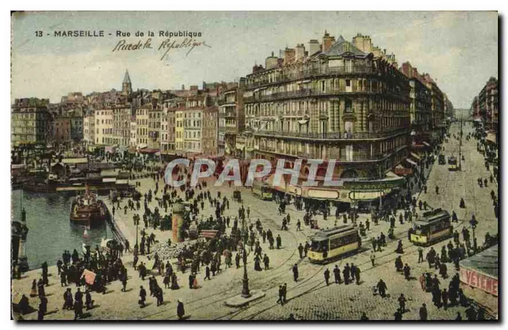 MARSEILLE - Rue de la République — levendige uitzicht met tram en kade — onbekende uitgever, nr. 13 - Voorkant