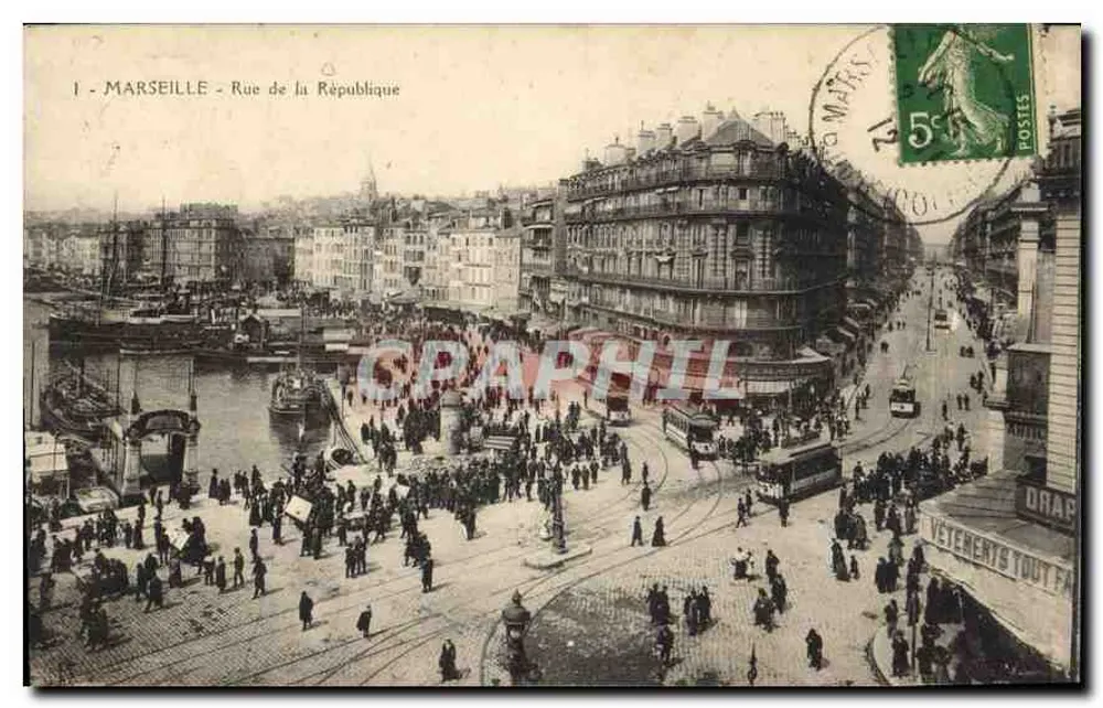 Marseille - Rue de la République — vista animada com trem e cais — editora Graphphil, n°1 - Frente