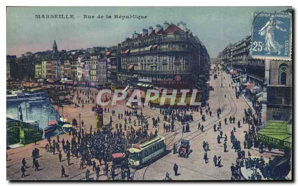 Marselha – Rue de la République — editor BF UBIDIQUE FRANÇAIS, carimbo 25c - Frente