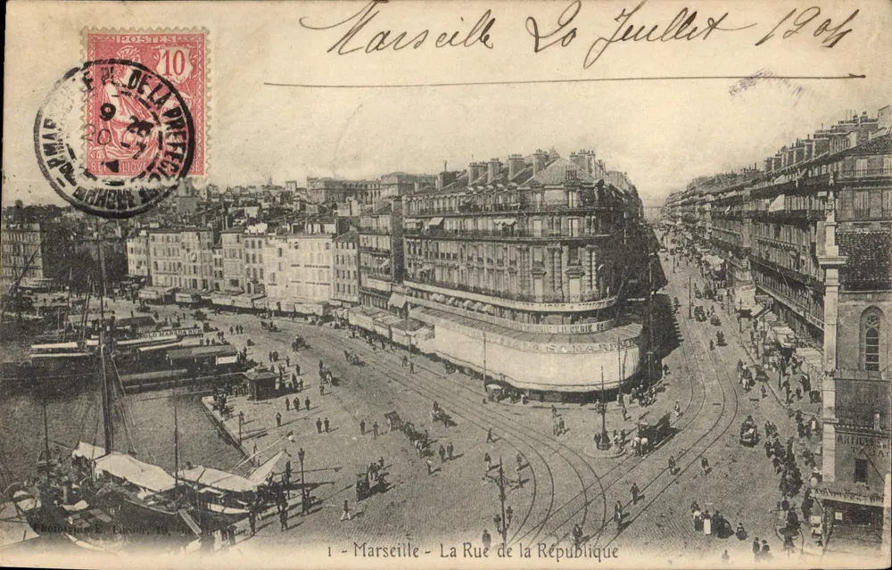 Marselha - A Rue de la République — vista panorâmica — Editor E. Facon, n°1 - Frente