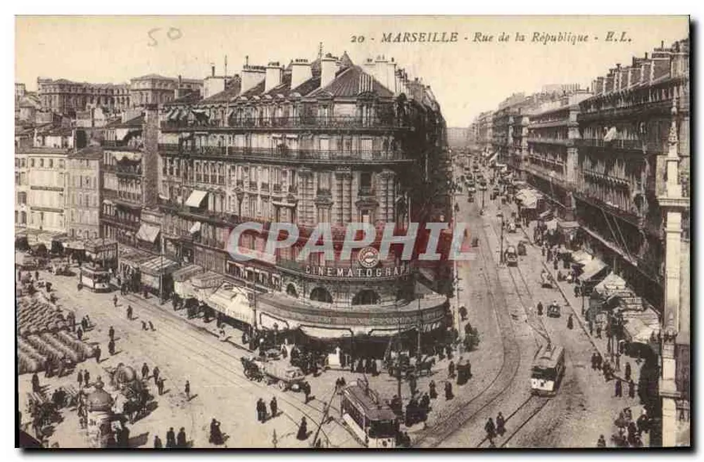 Marseille - Rue de la République — uitzicht op de plein met het bioscooptheater Cinématographe — E.L. n°20 - Voorkant
