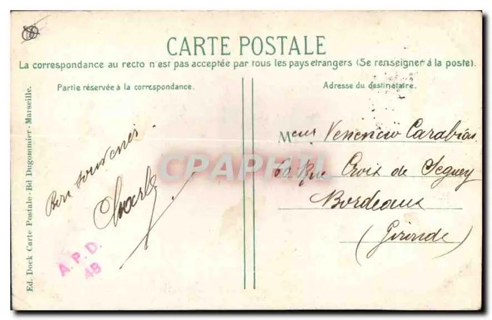 MARSEILLE - Rue de la République — visão animada com edifício com varandas e carruagem — Ed. Dock Carte Postale, n° 5056 - Verso