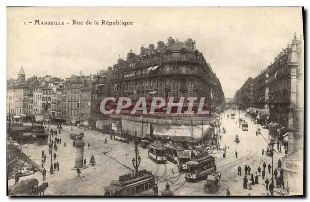 Marselha - Rue de la République — vista urbana com trams e pedestres — editor A. Samares, n°1 - Frente