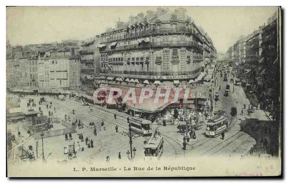 Marseille - A Rue de la République — vista da rua com trêm e hotel da Banarini — L.P. Marseille, n° 126 - Frente