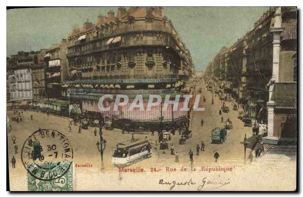 Marselha. 24.- Rue de la République — visão do canto com o trem — editor Auguste Gairin - Frente