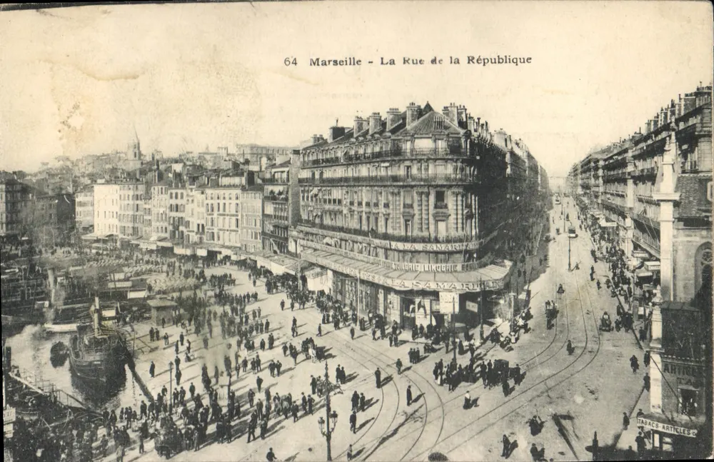 Marselha - A Rue de la République — vista animada com trem e mercado — editor 'La Samaritaine' n°64 - Frente