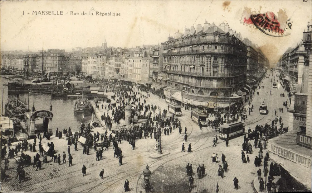 MARSEILLE - Rue de la République — vista animada com quai e trams — editor desconhecido, número de série não visível - Frente