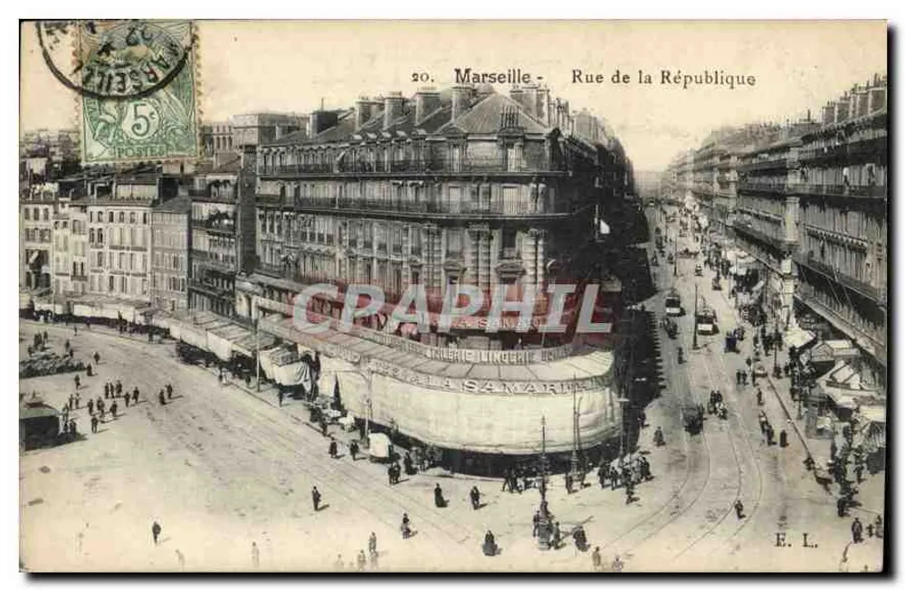 Marselha - Rue de la République — vista do canto com o ateliê da Samaritaine — E. L. - Frente