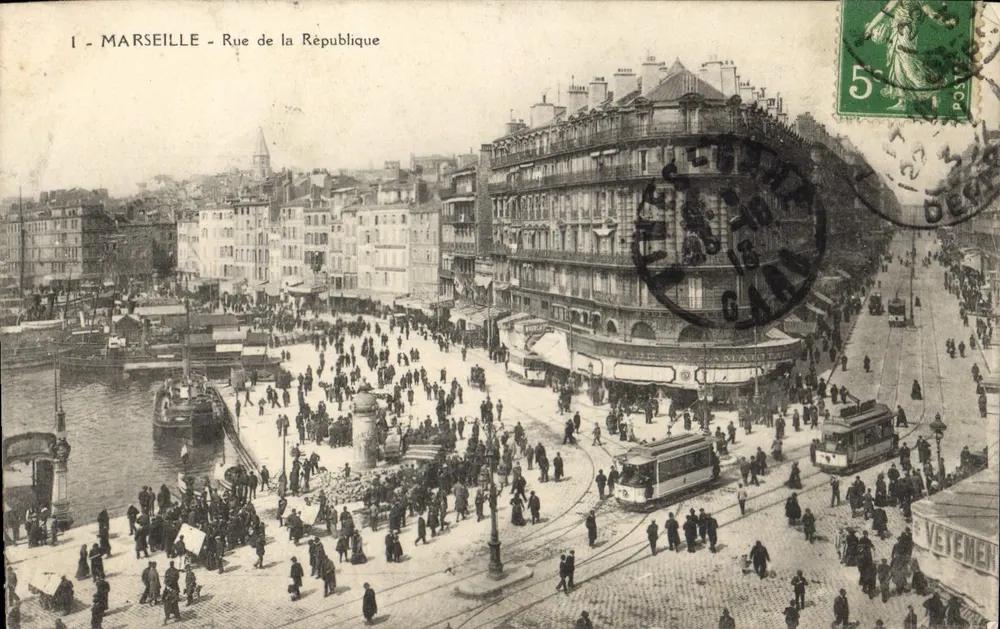 Marseille - Rue de la République — levendige uitzicht met tram en kade — onbekende uitgever, serie nummer 1 - Voorkant