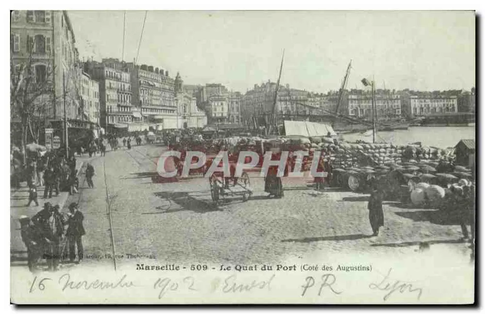 Marseille - Der Kai des Hafens (Seite der Augustiner) — Photographie von J. Leduc, 509 — datiert 16. November 1902 - Vorderseite