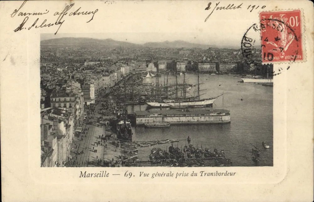 Marseille — 69. Vista geral tirada do Transbordeur — G. Calefot, talão da carta - Frente