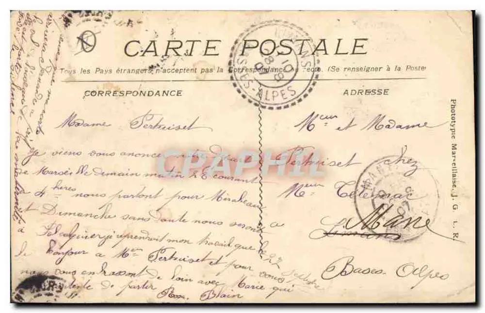 Marselha — A Prefeitura — Editor Phototypie Marseille, n° 349 - Verso