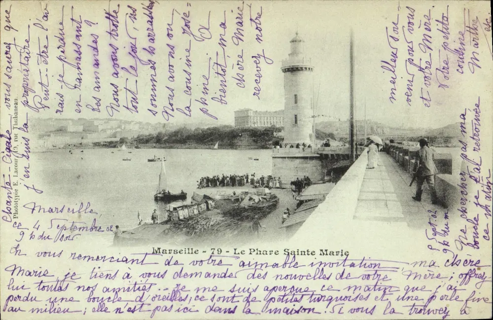 Marselha - O Farol de Santa Maria — Fototipo E. Larouss 79 — datada 9 de Setembro de 1902 - Frente