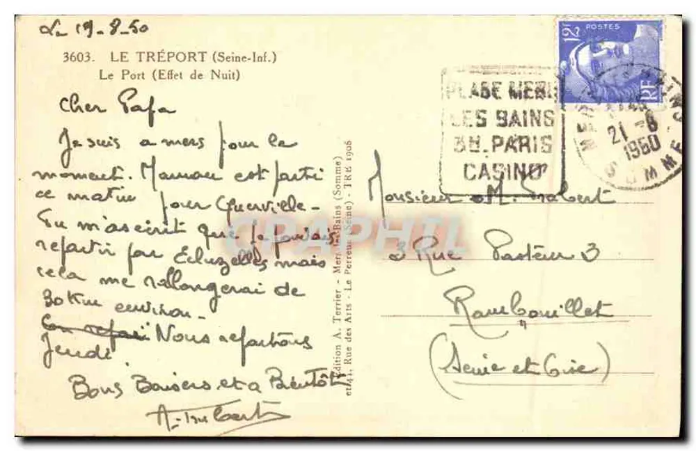 Le Tréport (Seine-Inf.) — Le Port (Effet de Nuit) — Édition A. Terrier, Rue des Arts, Le Perreux (Seine) — n° 3603 - Verso