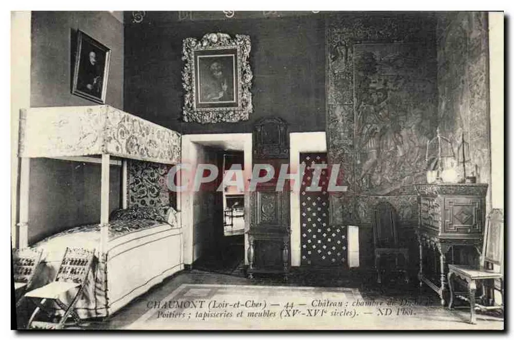 Chaumont (Loir-et-Cher) — Castelo: quarto de Diana — tapeçarias e móveis (séculos XV-XVI) - Frente