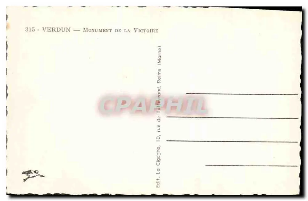Verdun — Monumento da Vitória — Editor La Cigogne, Reims - Verso