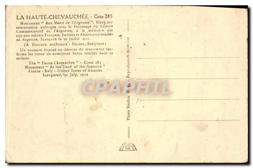 La Haute-Chevauchée — Kriegsdenkmal der Argonne — Photo Verdian - Rückseite