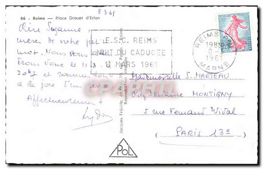 Reims — Place Drouet d'Erion — Editor Jacques Fréville, n° 8361 - Verso