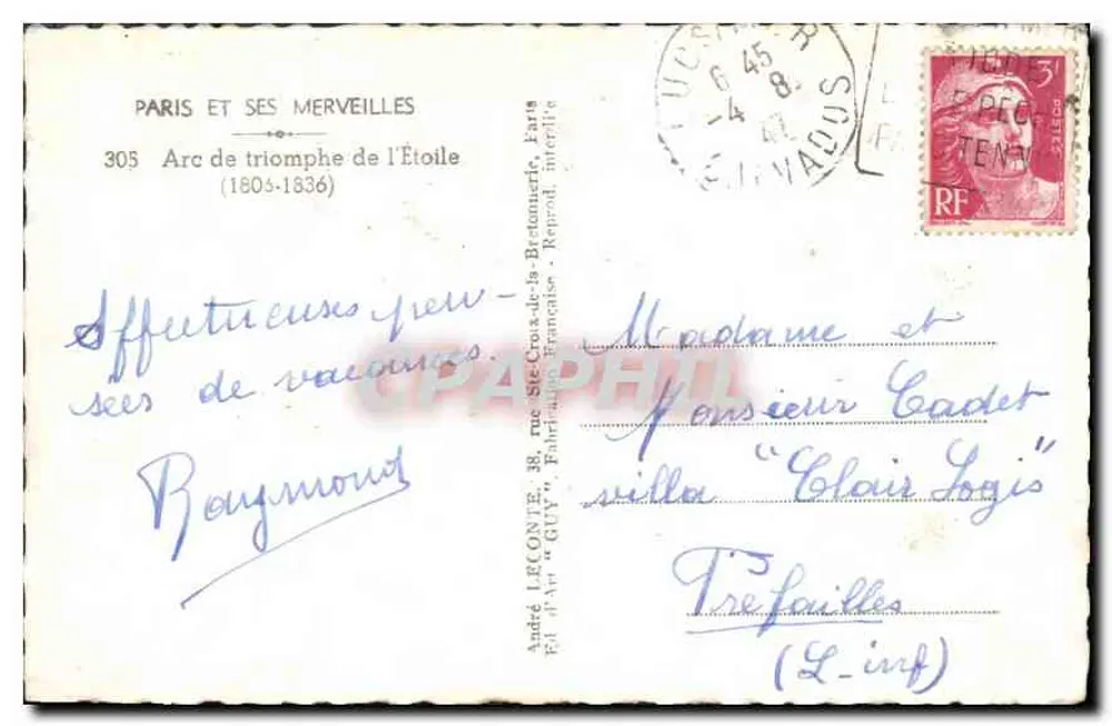 Arco do Triunfo — Paris — editor André Leconte, n° 305 - Verso