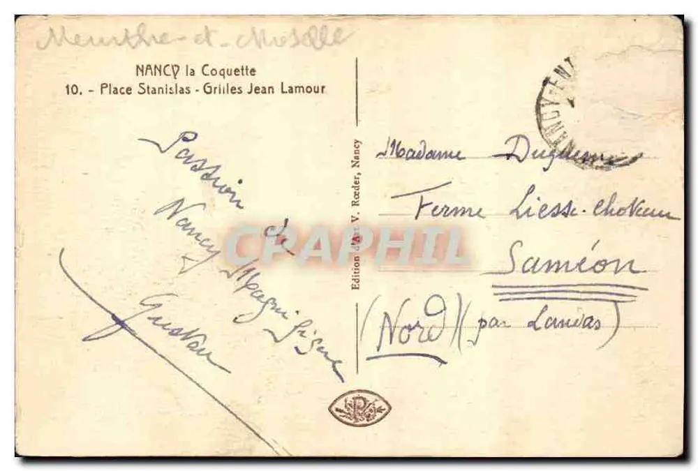 NANCY. Grades Jean Lamour — Editor V. Roder, n° 10 Place Stanislas - Verso