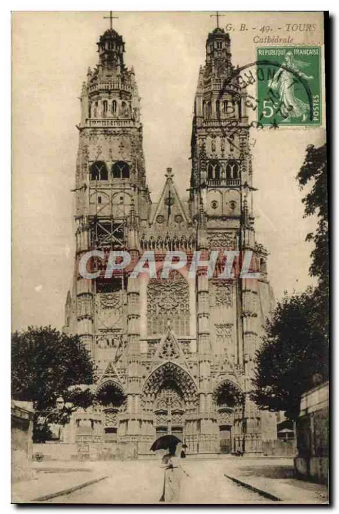 Catedral de Tours — vista da fachada gótica — G.B. - 49 - Tours, editor desconhecido - Frente