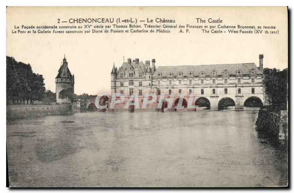 Chenonceau (Loire-et-Loire) — O Castelo — fachada ocidental e ponte do século XV - Frente