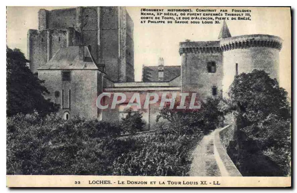 Loches - Der Bergfried und die Turm Louis XI — Historisches Denkmal, errichtet von Fouloques Nerra, 11. Jahrhundert, in dem Thibault III., Graf von Tours, und Philippe de Savoie gefangen gehalten wurden. - Vorderseite