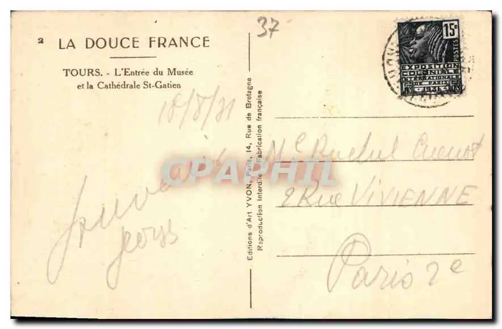 Tours — Der Eingang zum Museum und die Kathedrale Saint-Gatien — Éditions d'Art YVON, n° 2 - Rückseite
