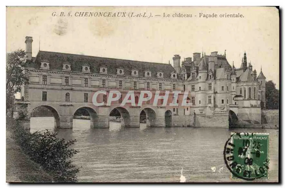 Chenonceaux (Loire-et-Loire) — O castelo - Fachada oriental. — G.B. & Chenonceaux - Frente