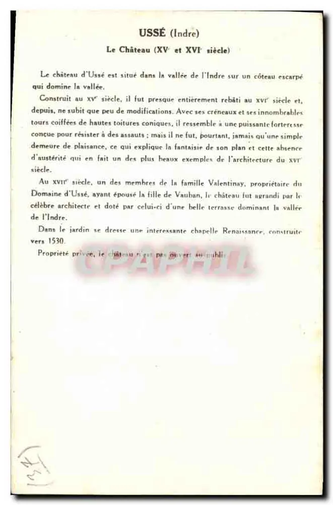 Ussé (Indre) — El Castillo (siglo XV y XVI) — Colección de la Solución Pautaubege, 2a Serie - Reverso