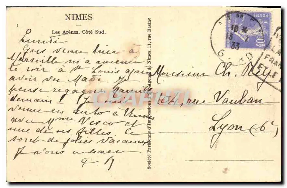 Les Arènes — Lado Sul — Sociedade Parisiense de Impressões de Nîmes - Verso