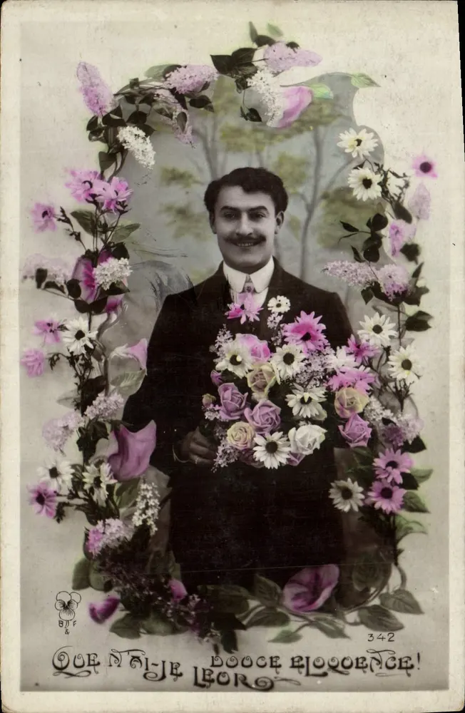 Homem com buquê de flores — 'Que n'ai-je douce blooenderce!' — editor desconhecido, n° 342 - Frente