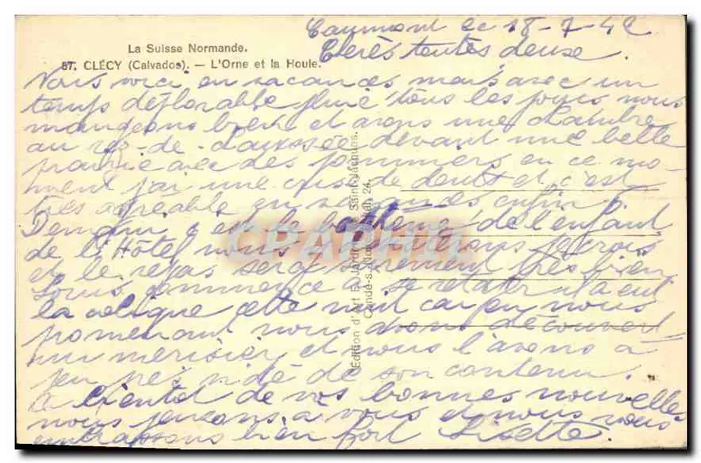 Normannische Schweiz — 87, CLÉCY (Calvados) — Die Orne und die Houle — Kunstausgabe Éd. Baudry, n°24 - Rückseite