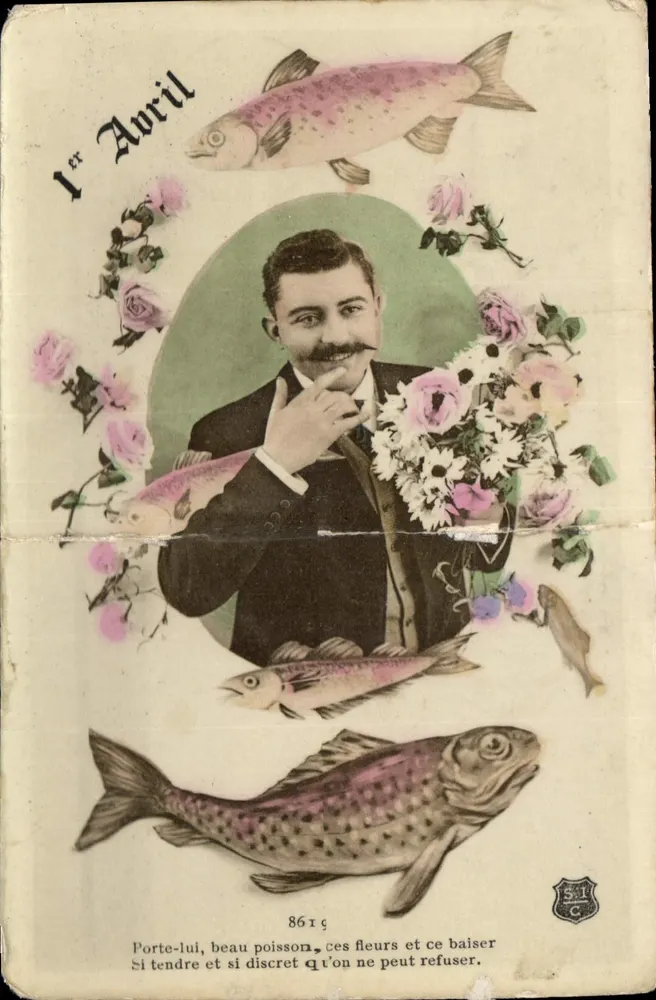 1er Avril — Joujou de Pâques avec un homme et poissons — éditeur S.I.C. n°8619 - Frente