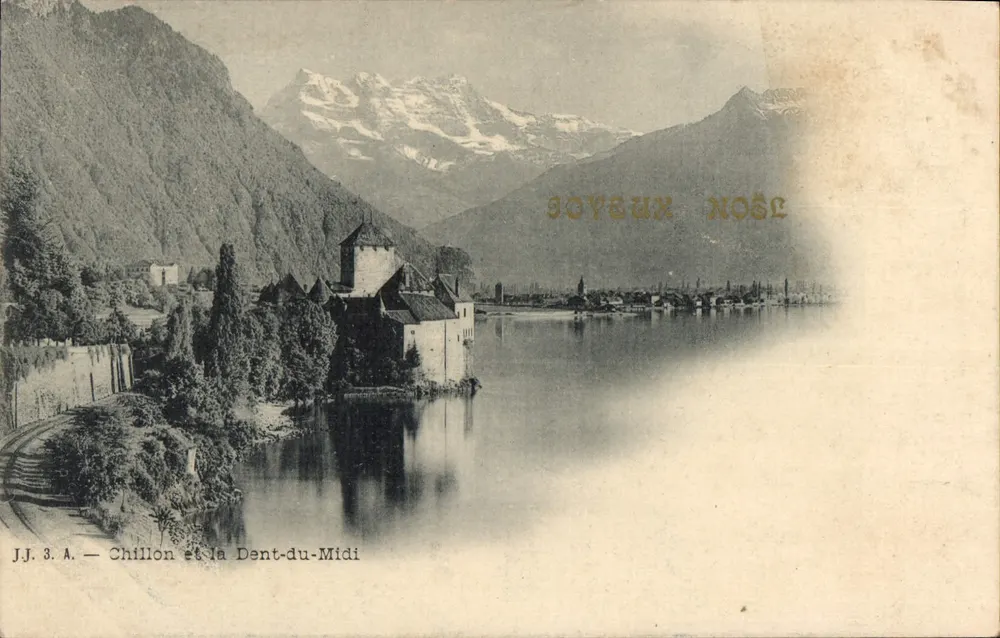 Chillon e a Dent-du-Midi — vista lacustre com castelo — editor J.J. 3.A. - Frente