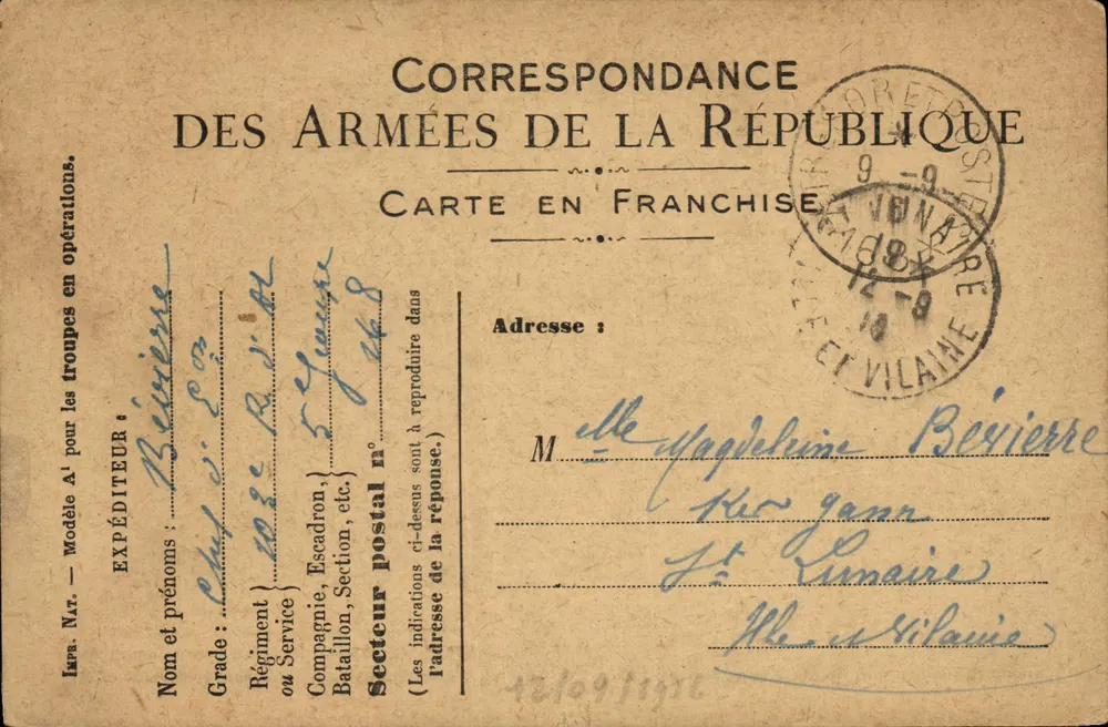 Korrespondenz der Armee der Republik — Freiporto — Vigny, 12-9-1918 - Vorderseite