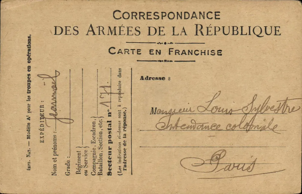 Korrespondenz der Armee der Republik — Freikarte — Bereich 171 — Paris - Vorderseite