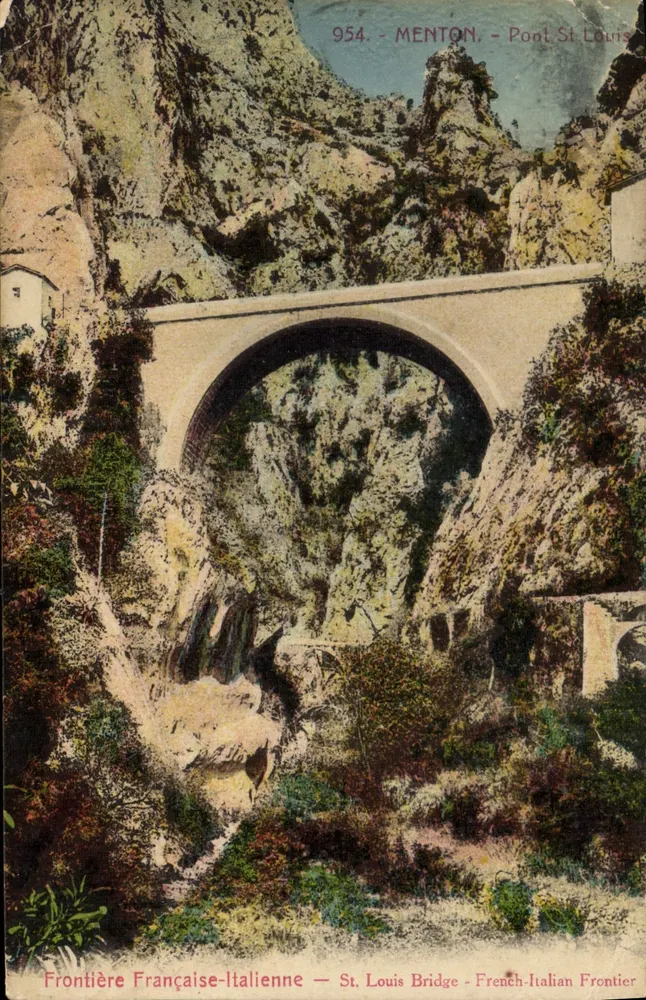 Menton, Puente San Luis — Frontera Francesa-Italiana — editor desconocido, n° 954 - Anverso