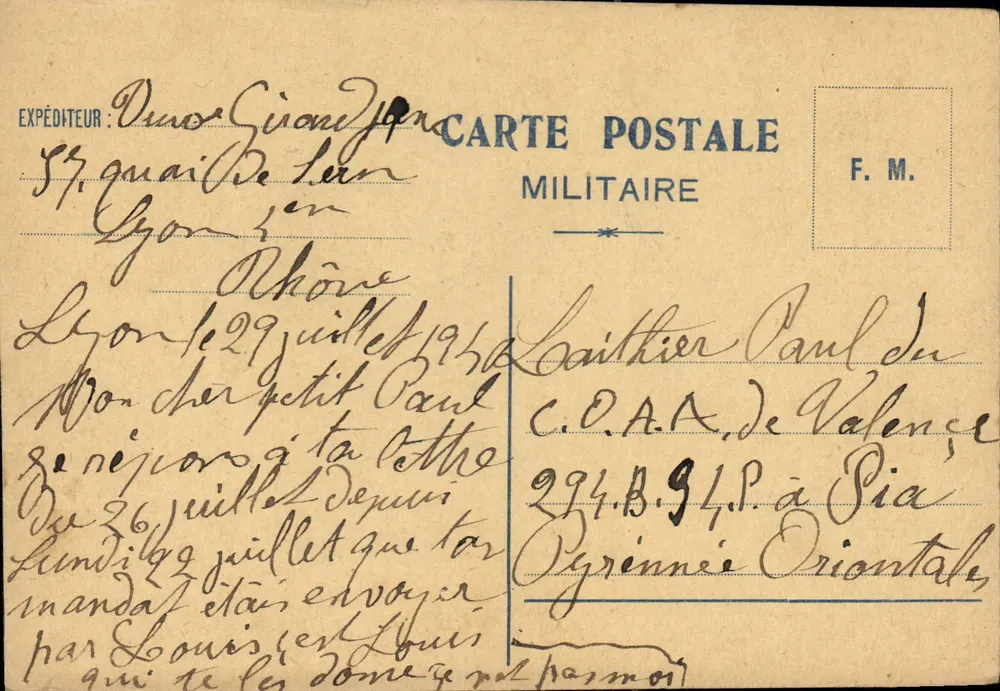 Lyon — Carte postal militar datada de 29 de julho de 1916 — F.M. (Federação Militar) - Frente