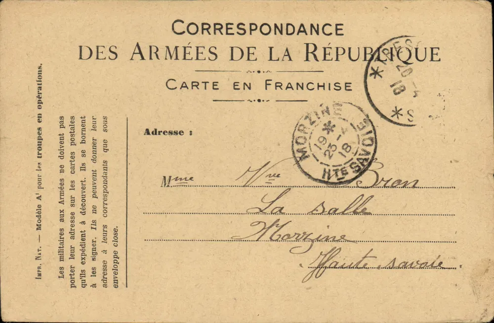 Correspondência das Forças da República — Carta em franquia — Modelo N.T. — Morzine, 18 de abril de 1918 - Frente
