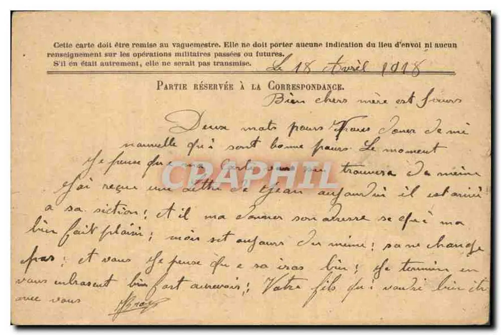 Correspondência das Forças da República — Carta em franquia — Modelo N.T. — Morzine, 18 de abril de 1918 - Verso