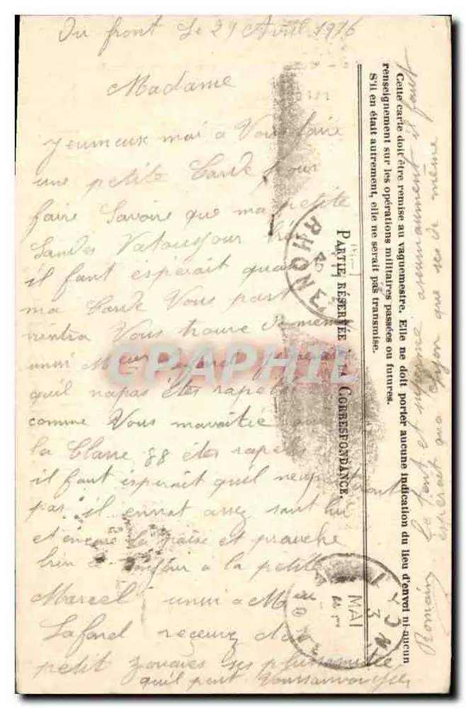 Correspondência das Forças da República — Carta em franquia — Soldado em Lyon - Verso