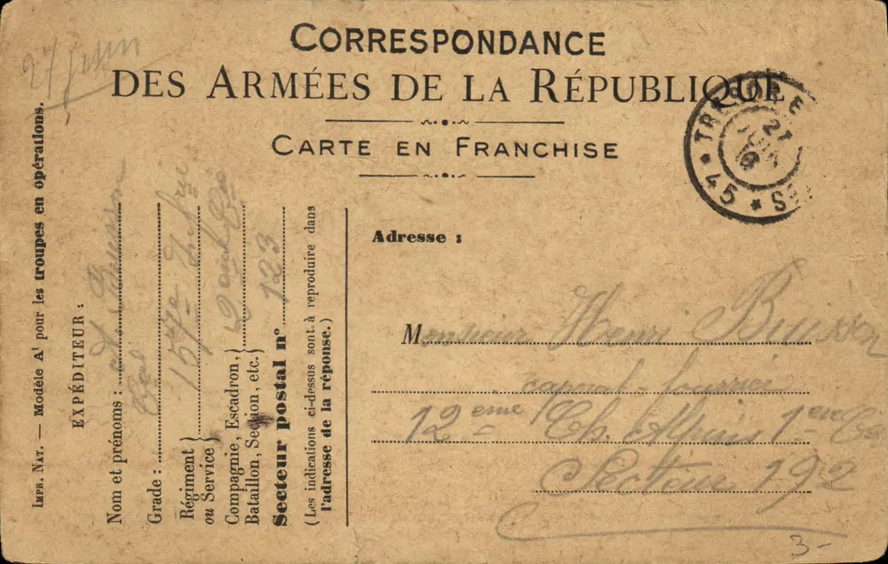 Correspondência das Forças da República — Carta em franquia — modelo A' — selo e carimbo postal - Frente