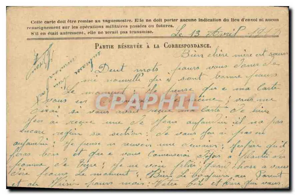 Correspondência das Forças da República — Carta em franquia — Modelo A' — datada 13 de abril de 1918 - Verso