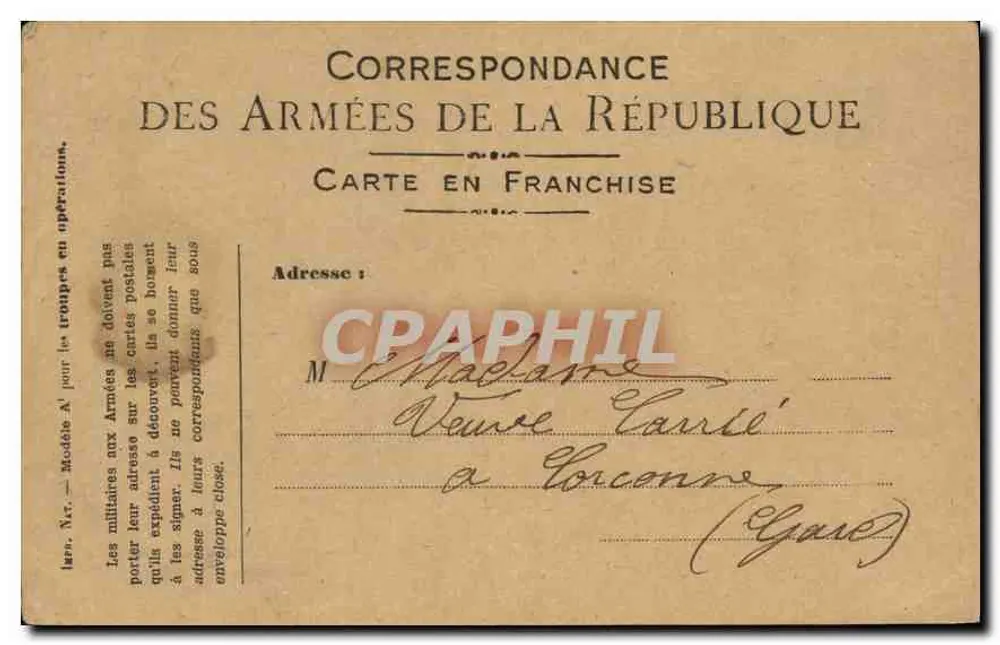 Correspondência das Forças da República — Carta em franquia — Modelo N°1 - Frente