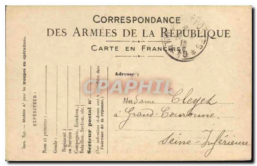 Korrespondenz der Armee der Republik — Freiporto — Cleyet nach Grand-Couronne - Vorderseite