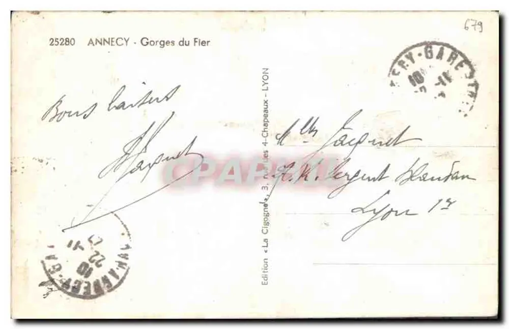 Gorges do Fier — Annonay — Edição La Cigogne, 3, rue des 4-Chapeaux - LYON - Verso