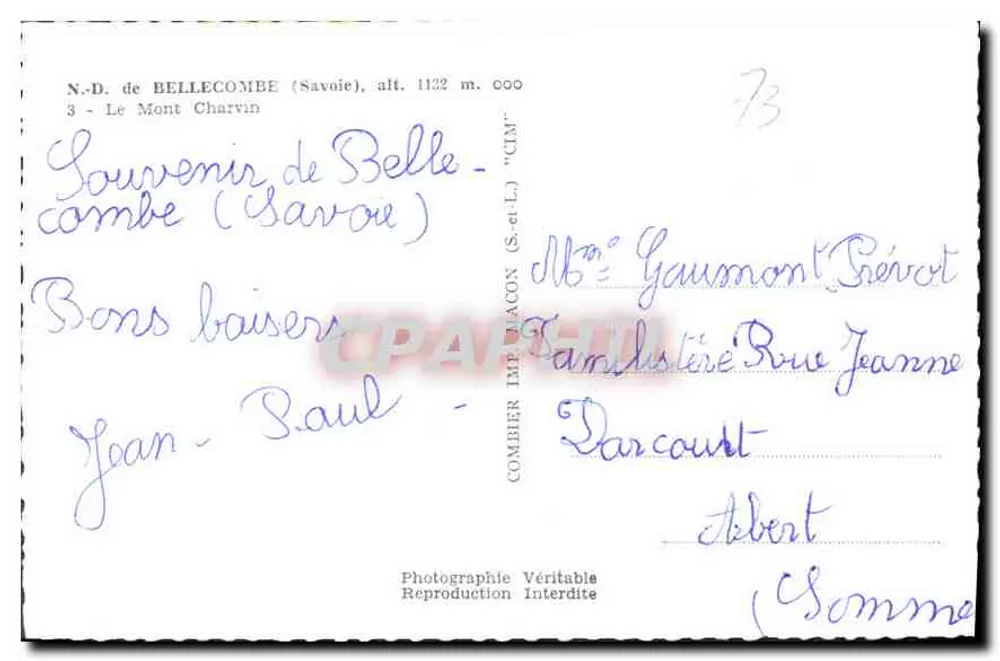 Mont Charvin — Bellecombe (Savoie) — Cim — Nr. 3 — CPAHACON - Rückseite